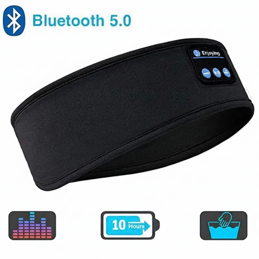 Bandeau de sommeil Bluetooth gris à haut-parleurs intégrés et boutons de contrôle visibles ; icônes indiquant son clair, autonomie 10+ heures et matériel lavable.