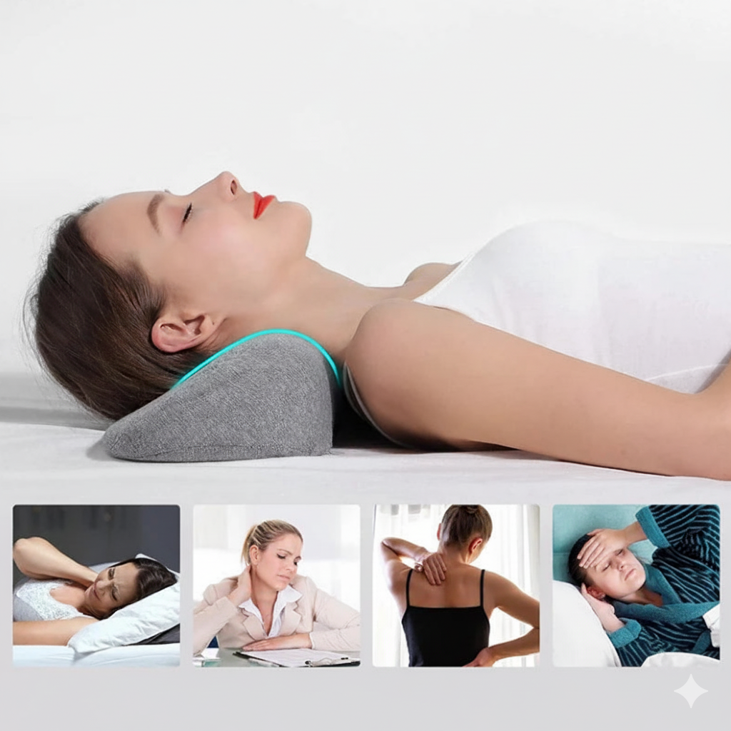 Coussin cervical ergonomique à mémoire de forme — maintien profilé de la nuque, housse douce et respirante. Idéal pour détente, lecture et voyage.