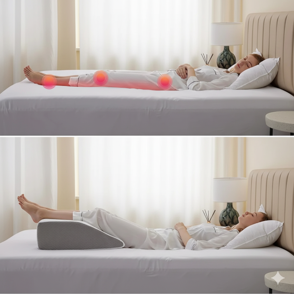 Comparatif avant/après : femme allongée sans surélévation puis avec coussin surélevant les jambes ; points rouges indiquant zones ciblées.