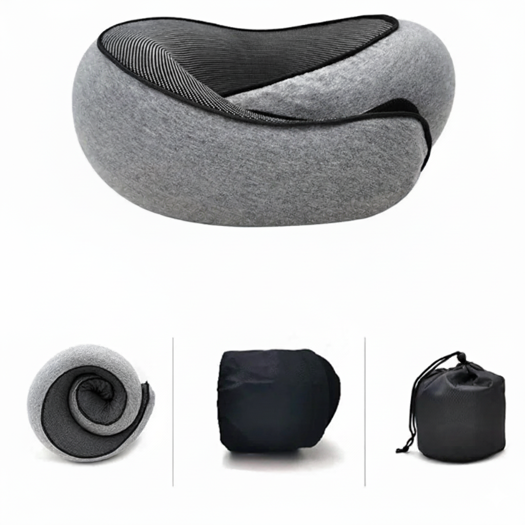 Coussin gris ergonomique en mousse à mémoire ; pochette de rangement noire visible en haut à gauche.