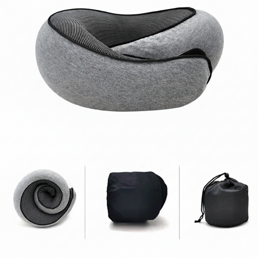 Coussin gris ergonomique en mousse à mémoire ; pochette de rangement noire visible en haut à gauche.