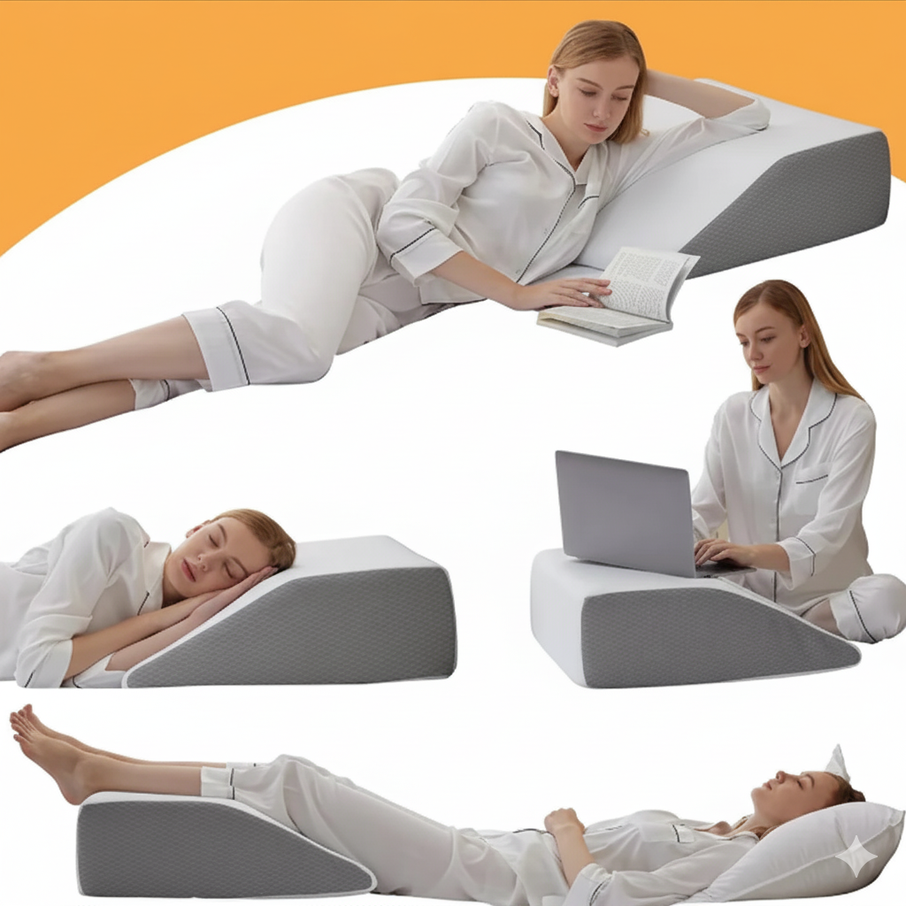 Coussin incliné ergonomique gris montré en usages : lecture, sommeil, support ordinateur et surélévation des jambes.