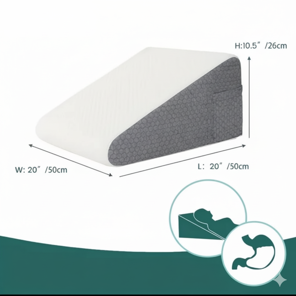 Coussin incliné ergonomique gris 50×50×26 cm ; vue produit avec dimensions et icônes illustrant usages (sommeil, digestion, maintien).