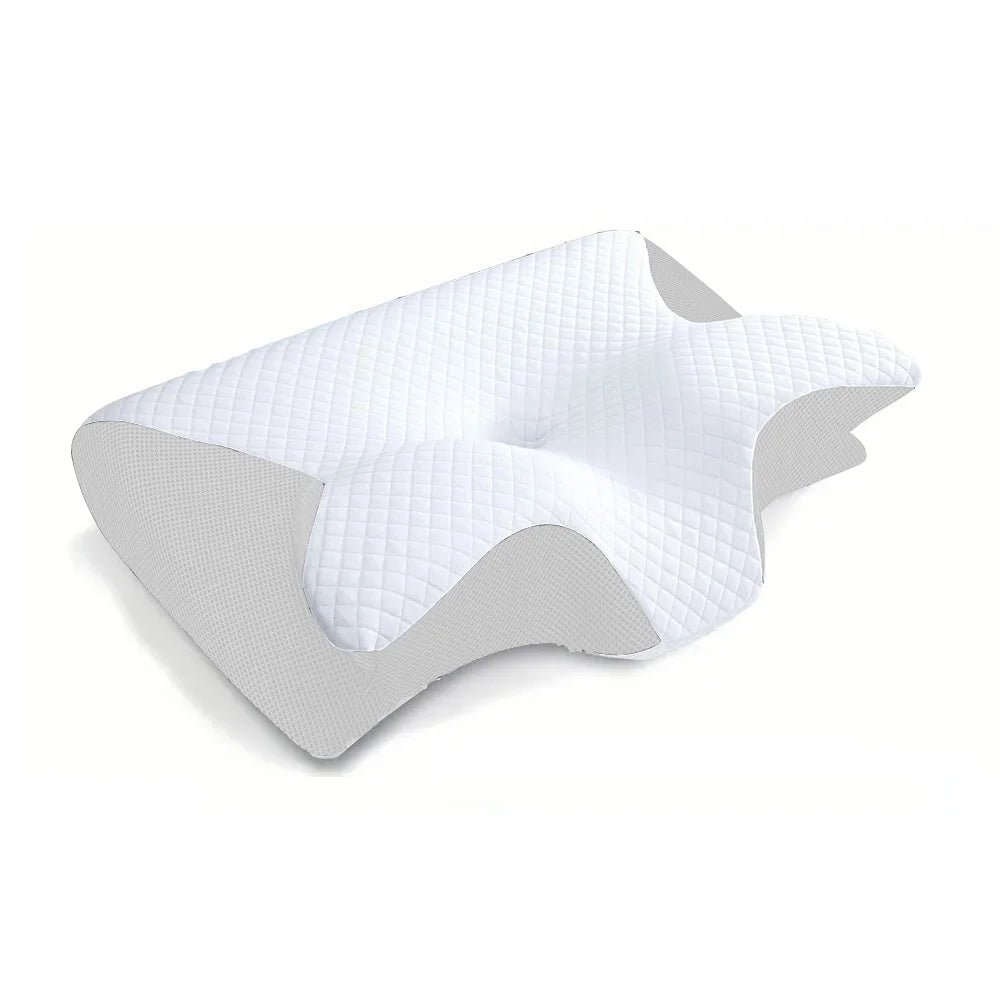 Oreiller ergonomique contourné blanc avec housse matelassée et côtés en maille noire ; creux central et supports latéraux visibles.