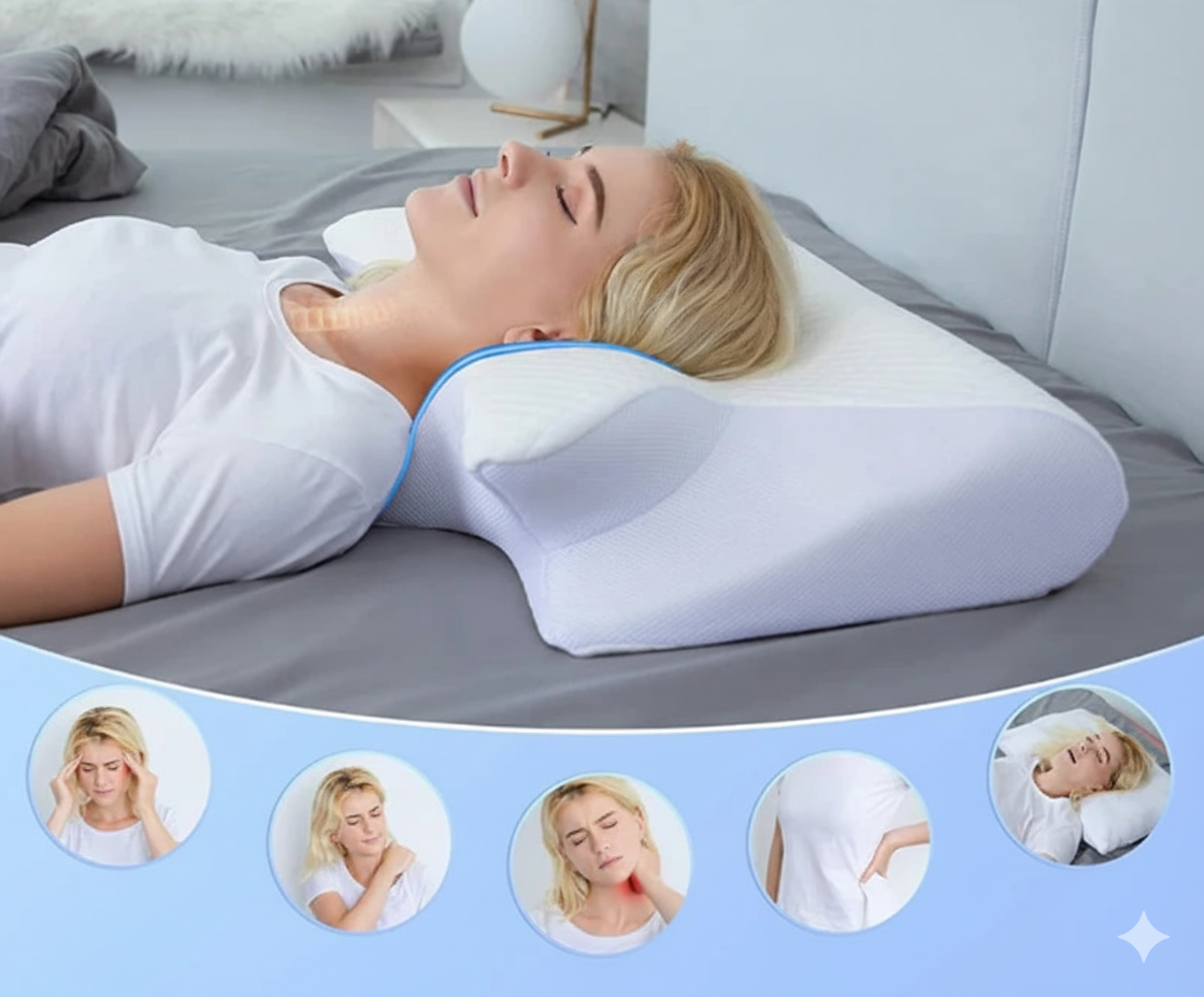 Femme allongée sur un oreiller ergonomique contourné blanc ; visuel montrant le soutien de la nuque et icônes des zones ciblées.