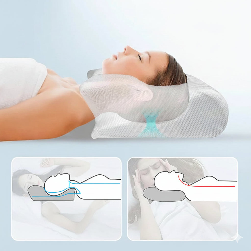 Femme allongée sur un oreiller cervical ergonomique blanc ; rendu semi-transparent montrant le soutien de la nuque et schémas d’alignement correct/incorrect.
