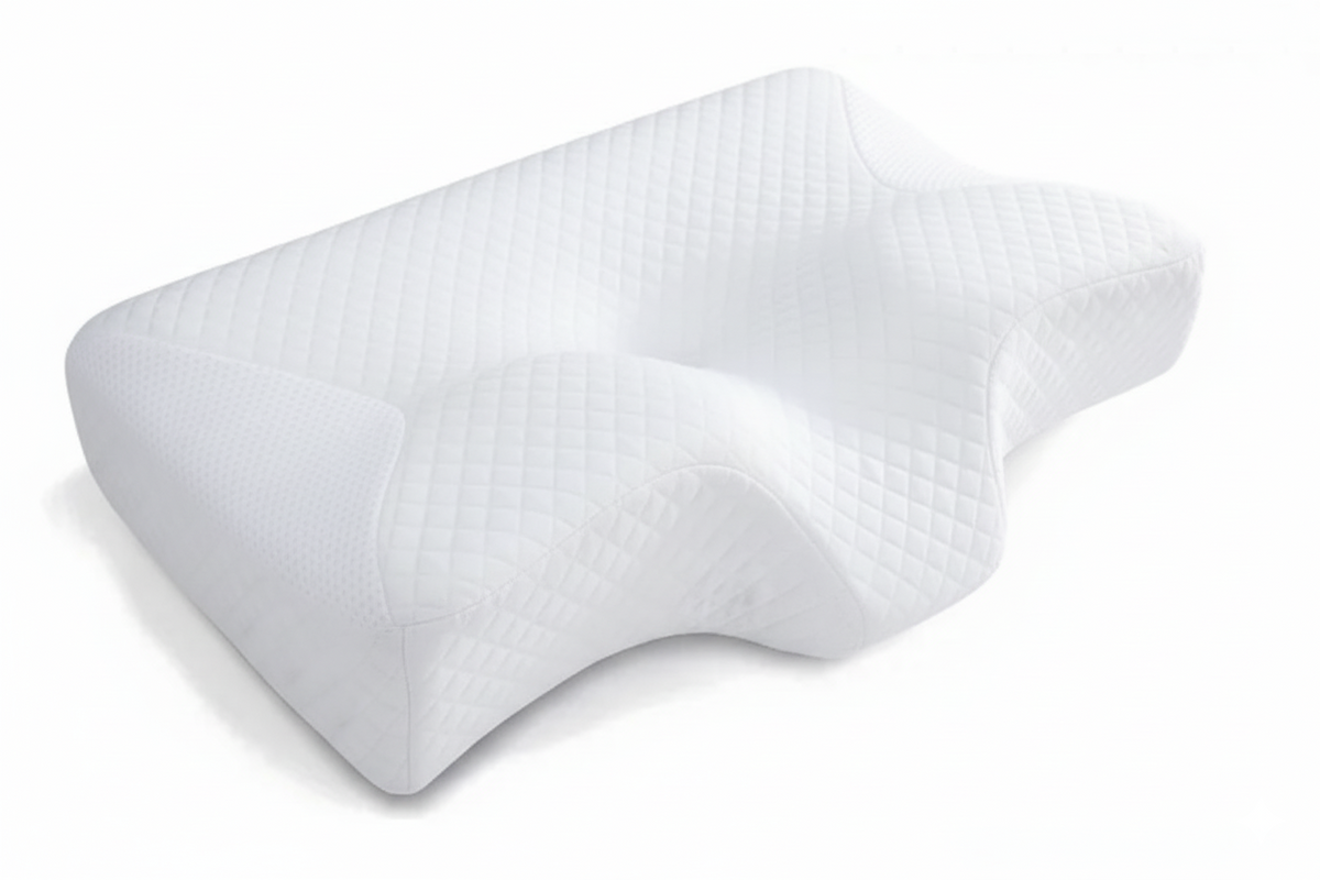 Oreiller ergonomique contourné avec housse matelassée et côtés en maille noire ; creux central et supports latéraux visibles.