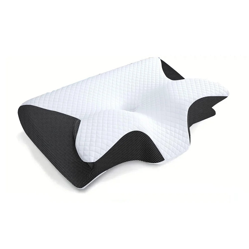 Oreiller ergonomique contourné noir avec housse matelassée et côtés en maille noire ; creux central et supports latéraux visibles.