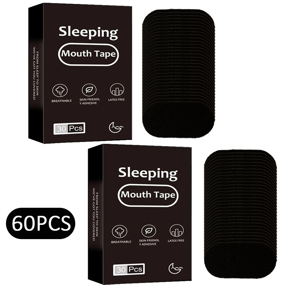 Boîte de 60 patchs adhésifs noirs pour bouche empilés ; packaging « Sleeping Mouth Tape » avec icônes respirant, hypoallergénique et sans latex.