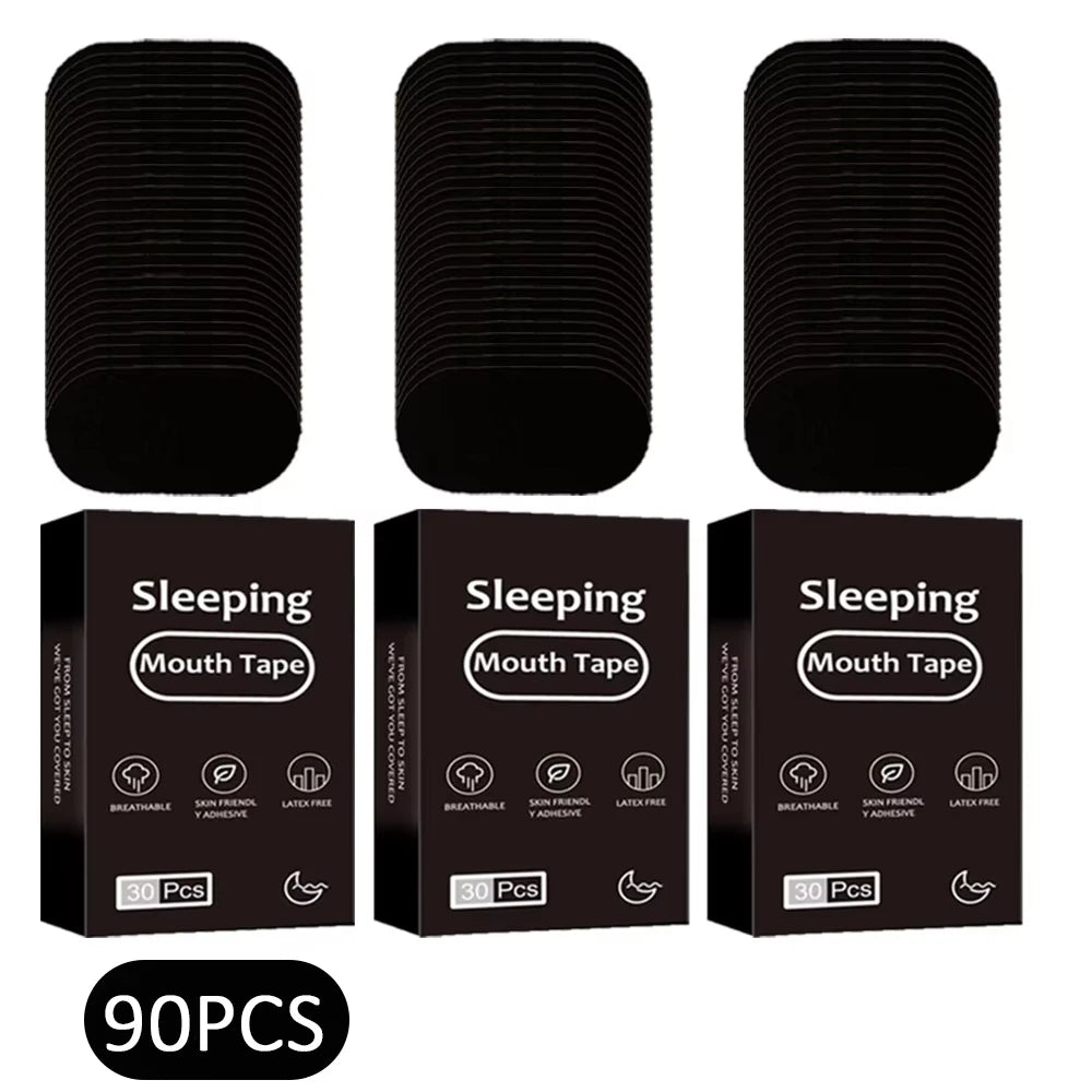 Boîte de 90 patchs adhésifs noirs pour bouche empilés ; packaging « Sleeping Mouth Tape » avec icônes respirant, hypoallergénique et sans latex.